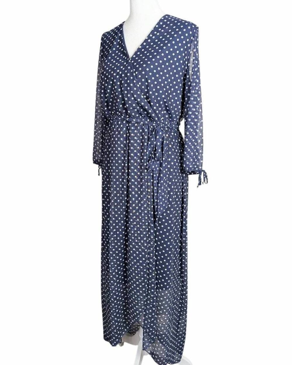 Allison Brittney Navy Blue White Polka Dot mesh faux wrap dress womens XL